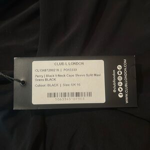 Club London NWT
US size 12 
Black V neck cape sleeve split maxi